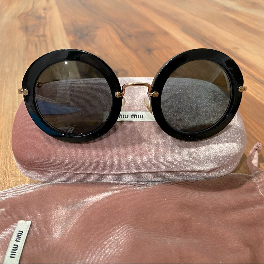 Miu Miu Black Gold Round Sunglasses with Box